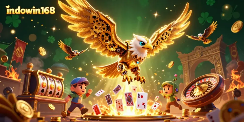 Join the action with indowin168 while the cybernetic eagle dives through vibrant casino elements.