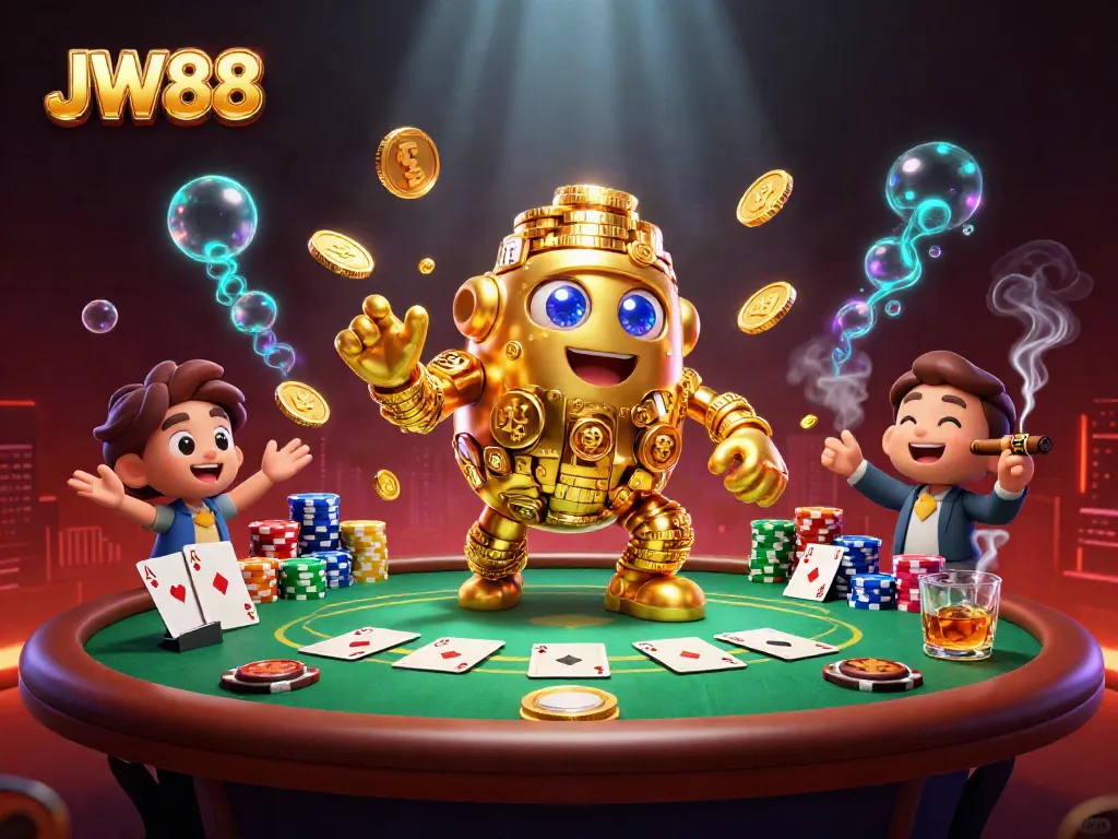 Join the excitement of JW88 with a golden golem, poker chips, and dramatic gaming elements.