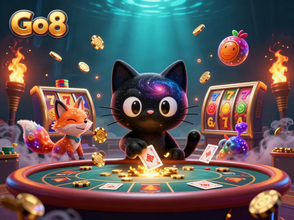 Engage with Go8 in a vibrant cosmic casino scene with animated characters and dynamic gaming elements.