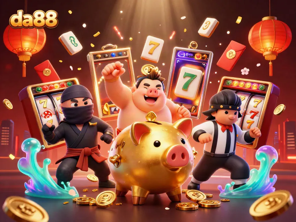 Experience thrilling casino action in da88 with a golden piggy bank sumo wrestler and dynamic game elements.