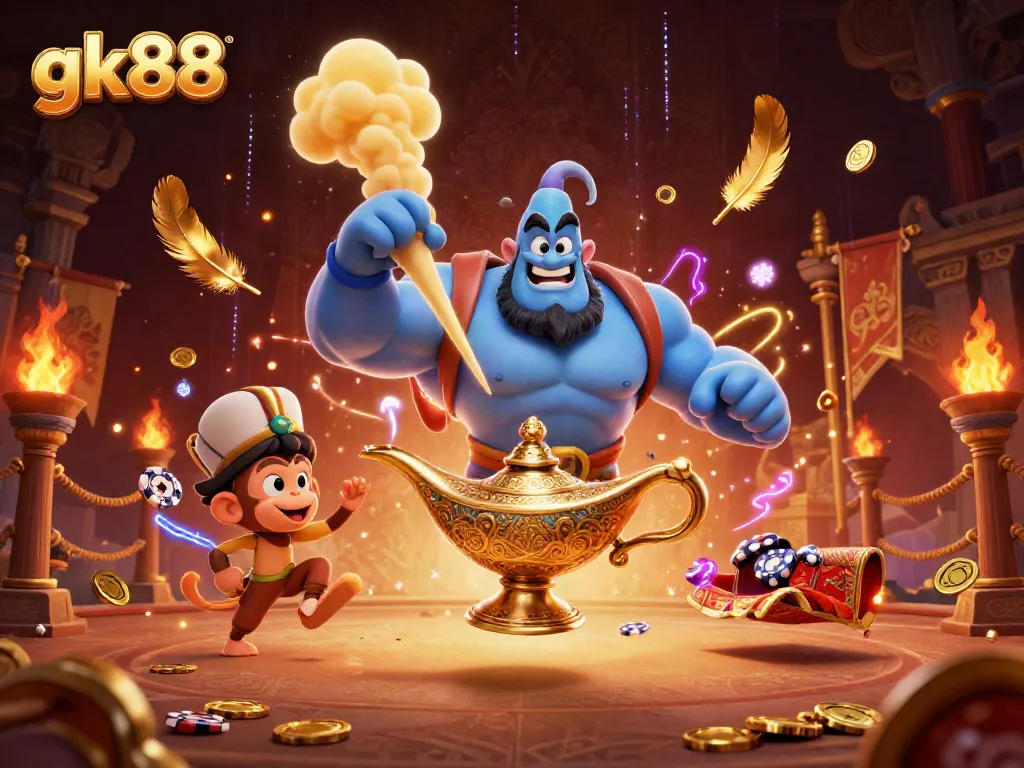 Engage with gk88's magical world featuring a powerful genie, poker chips, and vibrant casino elements.