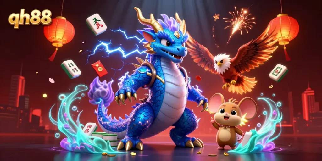 Engage in thrilling gaming at qh88 with dynamic characters and vibrant casino elements surrounding them.