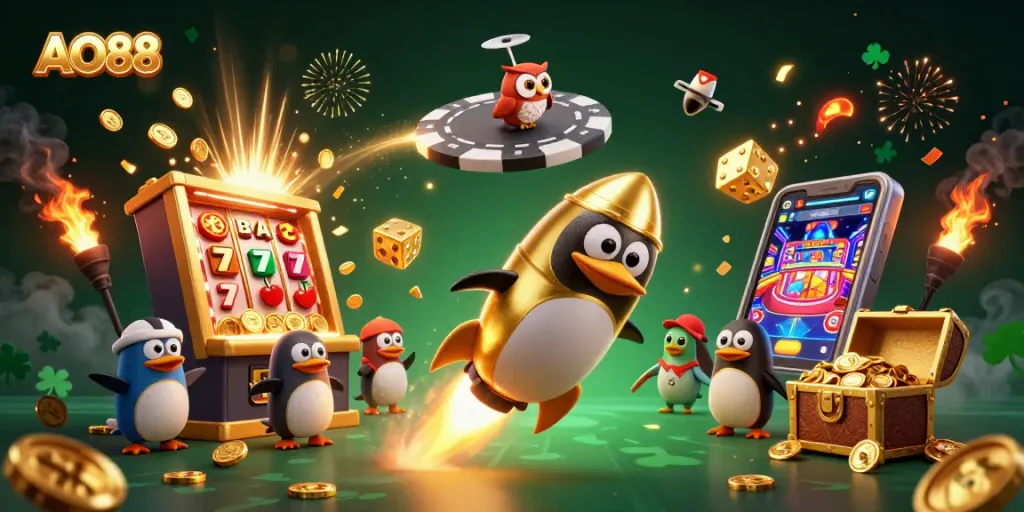 Experience the thrill of AO88 with a golden penguin and casino excitement in this vibrant digital illustration.