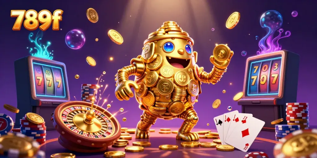 Experience thrilling gaming action with 789f's dynamic golden golem surrounded by casino elements.