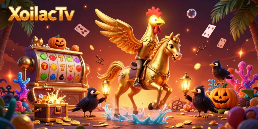 XoilacTv ignites excitement with a vibrant golden rooster amidst a rich casino environment.