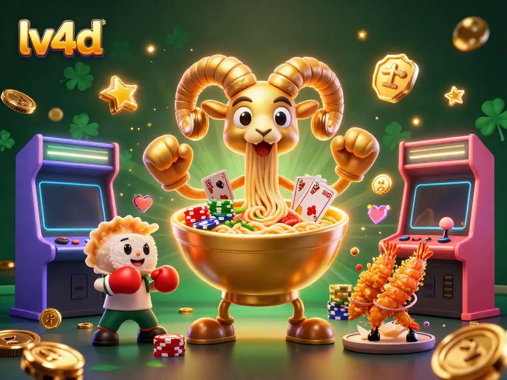 Experience lv4d's vibrant casino gaming with a dynamic illustration of a ramen bowl dealer and colorful arcade elements.