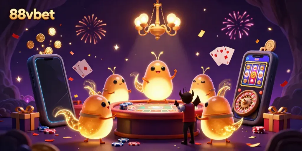 Engage with the vibrant 88vbet cave casino scene, illuminated by glowworms and rich gaming elements.