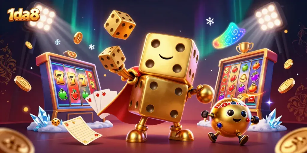 Win big with 1da88, showcasing a vibrant 3D slots scene with golden dice and dynamic gaming elements.