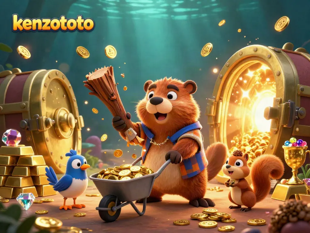 Experience the excitement of kenzototo with a 3D beaver in a casino-themed gold rush scene.