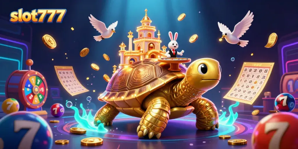 Menyaksikan permainan slot777 dalam ilustrasi kasino digital yang megah bertema pajangan emas dengan dealer di atas kura-kura raksasa
