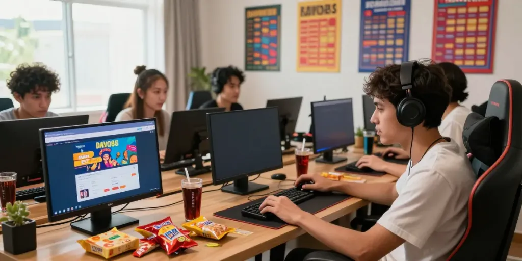 Engaging gaming atmosphere with DAVO88 platform on screen while friends interact in a cozy room.