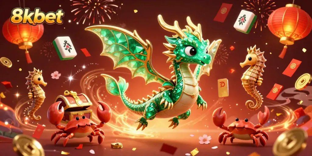 Experience the vibrant excitement of 8xbet with this animated casino scene featuring a sea dragon and casino elements.