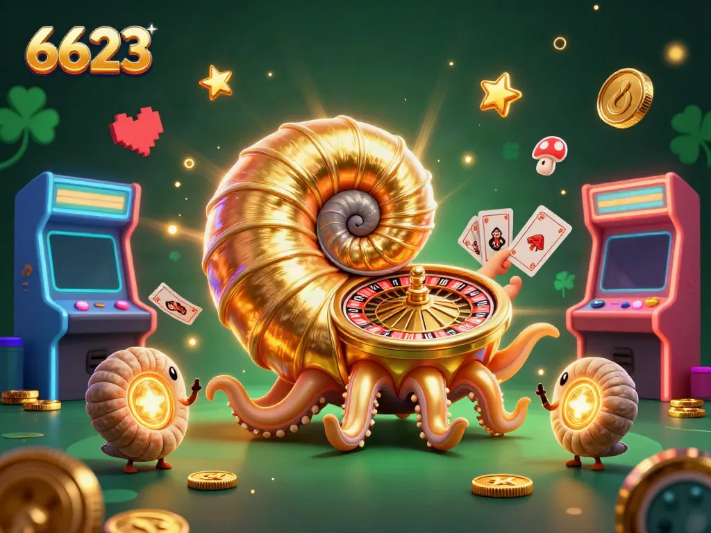 Engage with the thrilling 6623 gaming experience featuring a giant nautilus roulette wheel amidst vibrant casino elements.
