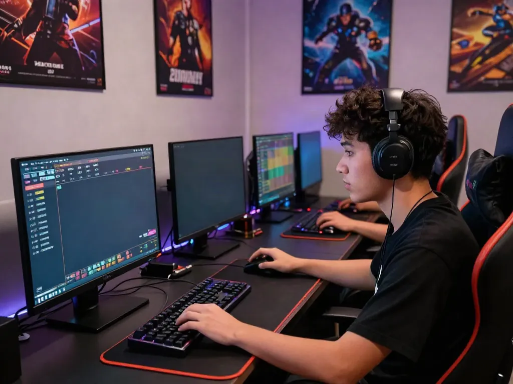Player engaged in bandar togel online with multiple monitors showing results