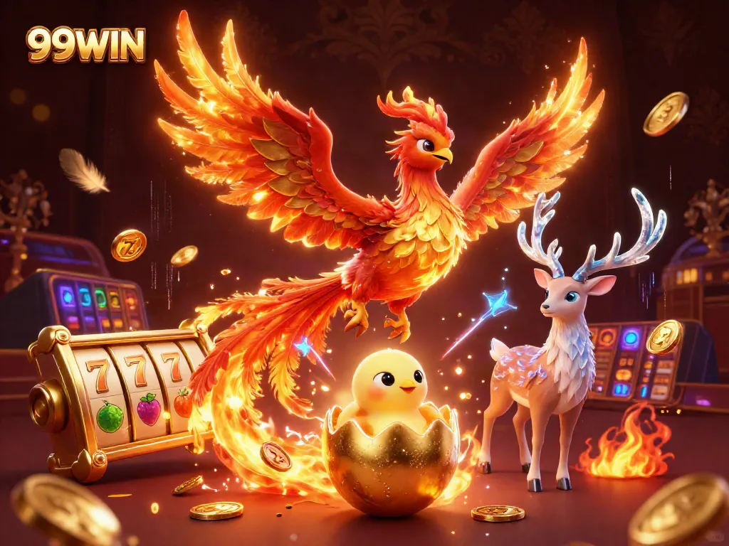 Experience thrilling wins at 99WIN with stunning golden phoenixes and vibrant casino elements.