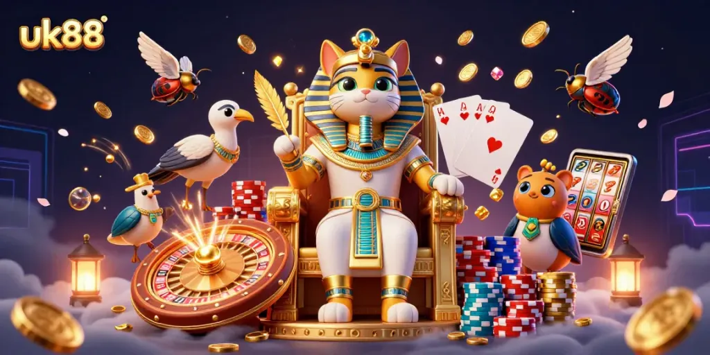 Experience uk88's vibrant gaming world with a pharaoh cat on a throne, dynamic casino elements.
