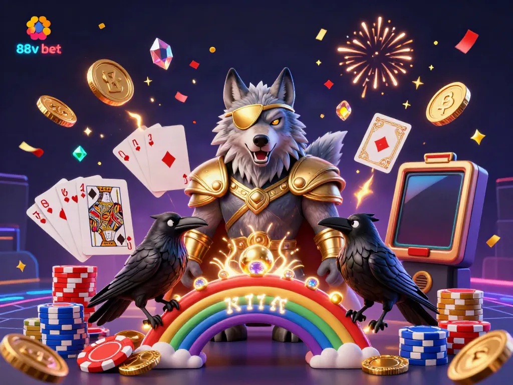 Experience the excitement of 88v bet with a vibrant scene featuring a captivating Odin wolf, casino elements, and dazzling treasures.