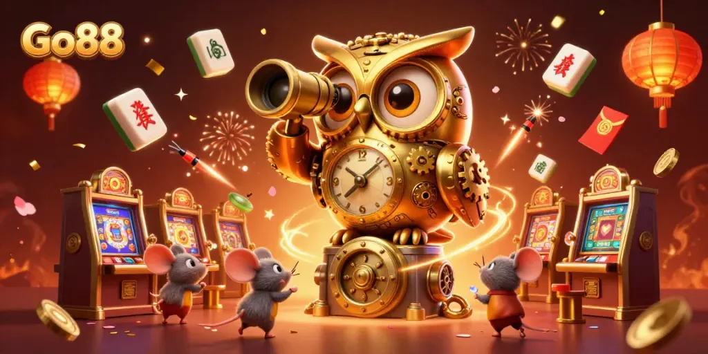 Engage with Go88 as you explore a vibrant casino experience featuring golden owls, slots, and festive decorations.