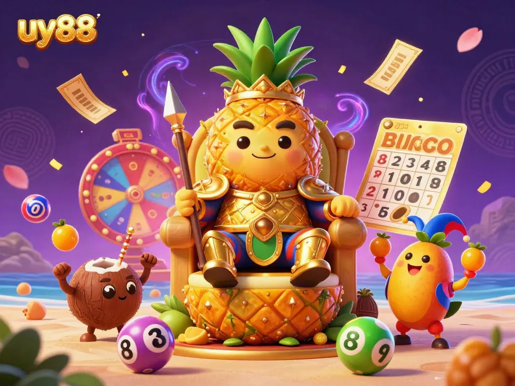 Experience uy88's vibrant casino beach with a golden pineapple king, coconut bodyguards, and a mango jester.