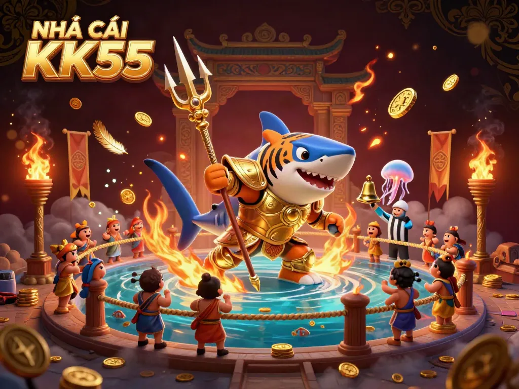 Experience the thrilling atmosphere of NHÀ CÁI KK55 with an action-packed scene featuring a golden gladiator shark and cheering sea creatures.
