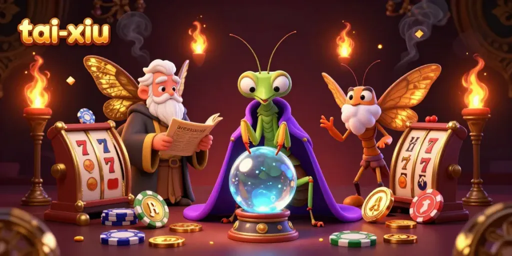 Engage in tai-xiu with a mystical fortune teller and librarian amidst vibrant casino elements.