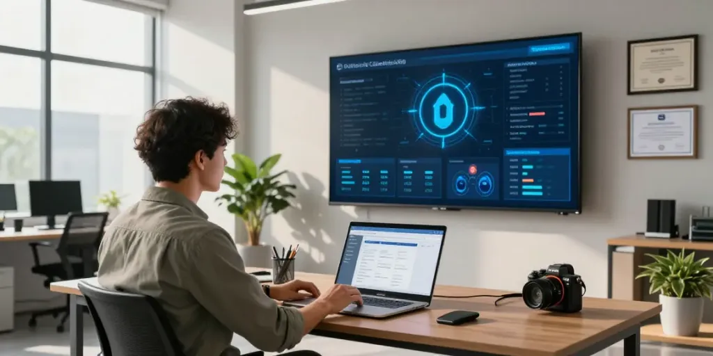 Cybersecurity workspace where professional monitors pecah404 threats and data security strategies in a modern office setting.