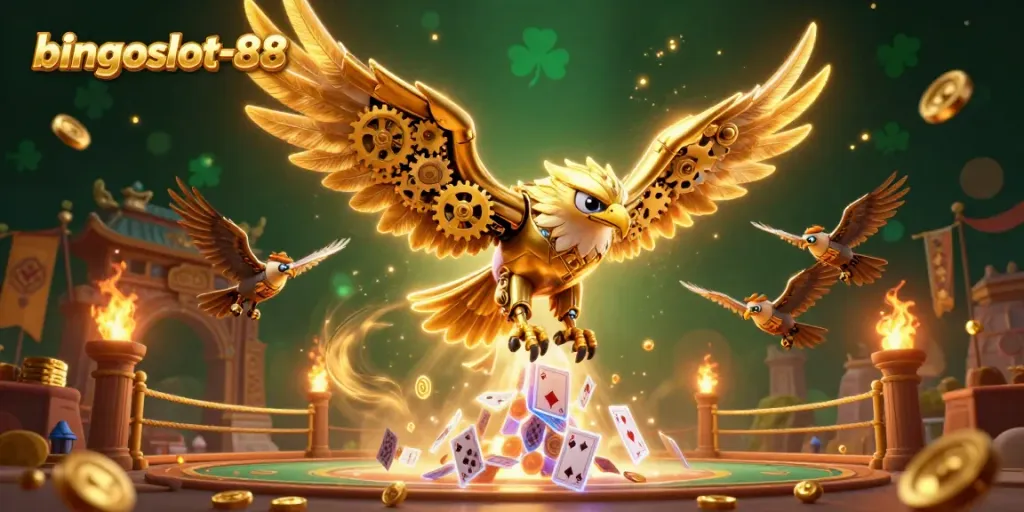 Rasakan keseruan bingoslot-88 dengan ilustrasi 3D burung elang mekanik terbang di dunia perjudian.