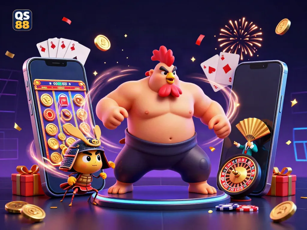 Experience exciting gameplay with QS 88 as a powerful sumo wrestler and fierce cricket come alive in a vibrant, festive casino scene.