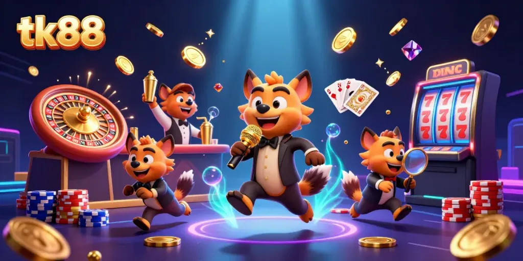 tk88 hyenas entertaining in a vibrant casino scene with golden coins and spinning roulette wheel