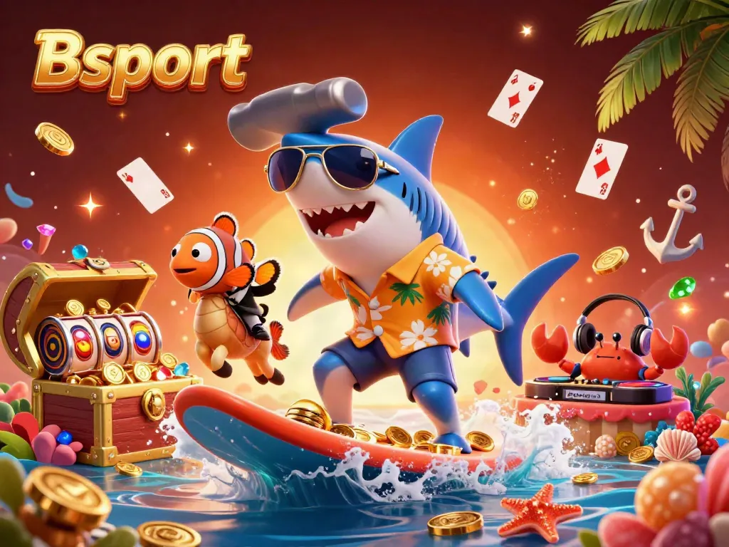 Experience Bsport excitement with a shark surfing gold coins in a vibrant casino underwater scene.
