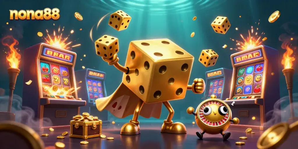 Menangkan jackpot slot di nona88, ilustrasi 3D dengan dadu emas dan mesin slot meledak.