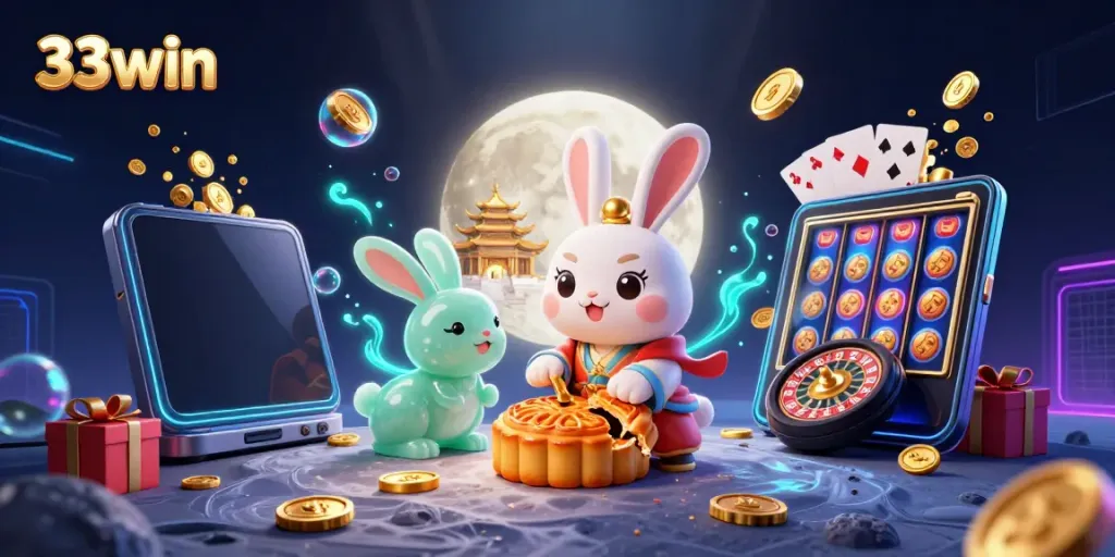 Engage in slots with 33win, showcasing lucky moon rabbit and riches bursting from a smartphone.