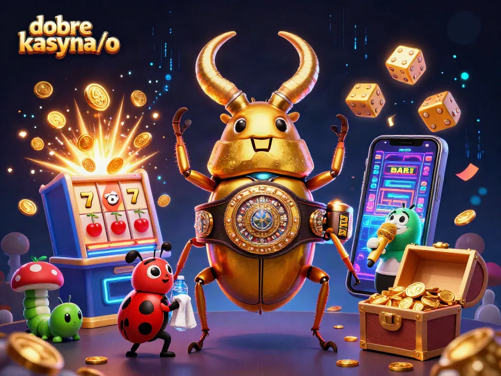 Experience the excitement of dobre kasyna/o with a dynamic 3D illustration showcasing a golden stag beetle and vibrant casino elements.