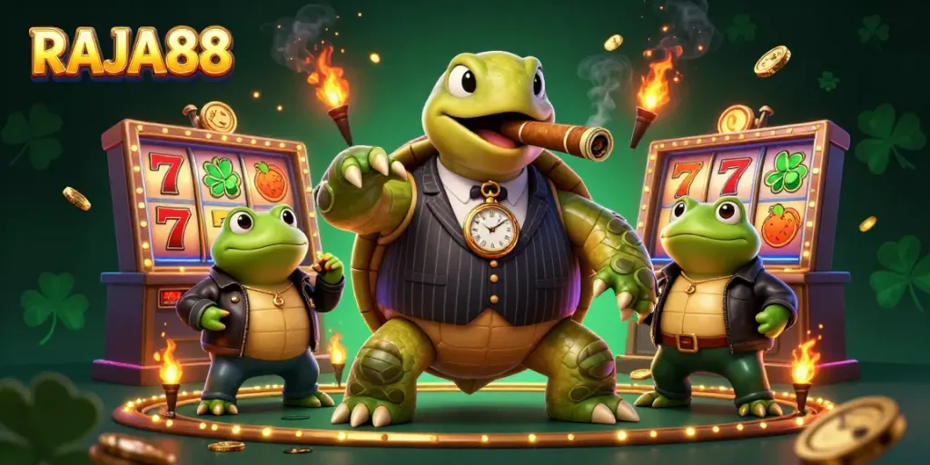 Engage with the thrilling world of RAJA88 gaming, featuring dynamic characters and vibrant slot reels.
