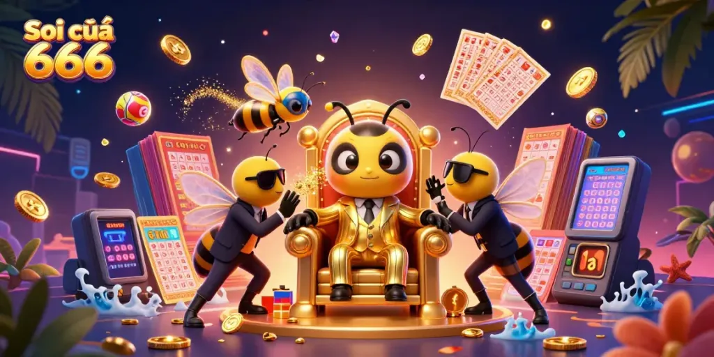 Engage with Soi cầu 666's vivid lottery scene showcasing colorful characters among dynamic lottery elements.