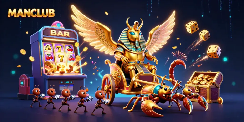 Experience thrilling wins at MANCLUB with vibrant casino scenes featuring golden scarab beetles and slot machines.