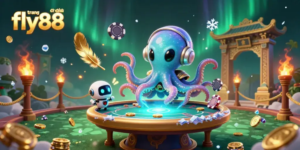Engage with the vibrant action at trang chủ fly88 featuring an alien octopus and robot at a poker table surrounded by cosmic game elements.