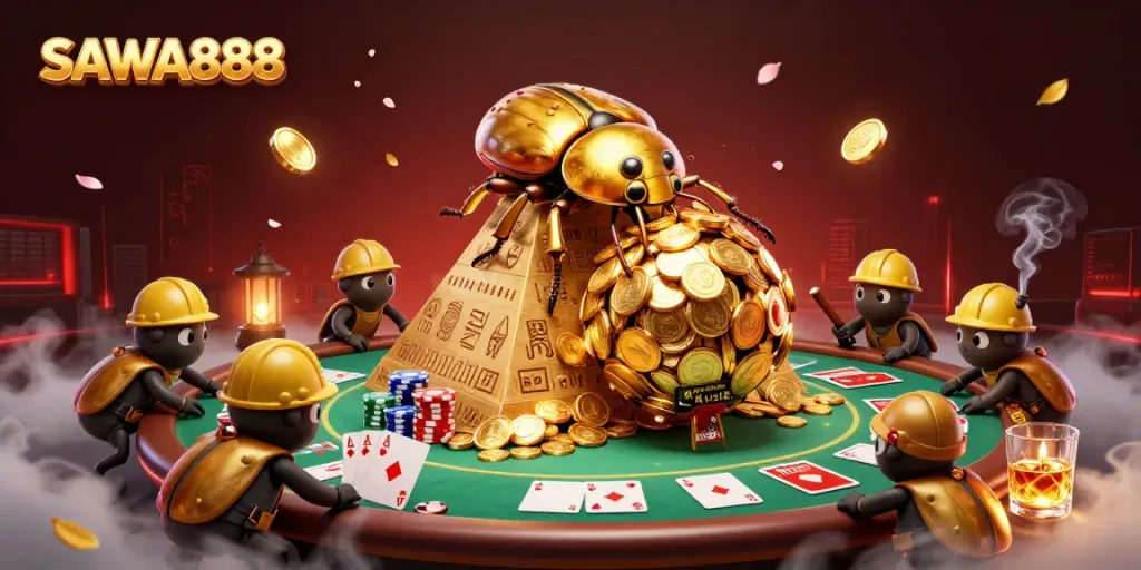 SAWA888 showcases a golden beetle and casino elements, creating an engaging casino scene.