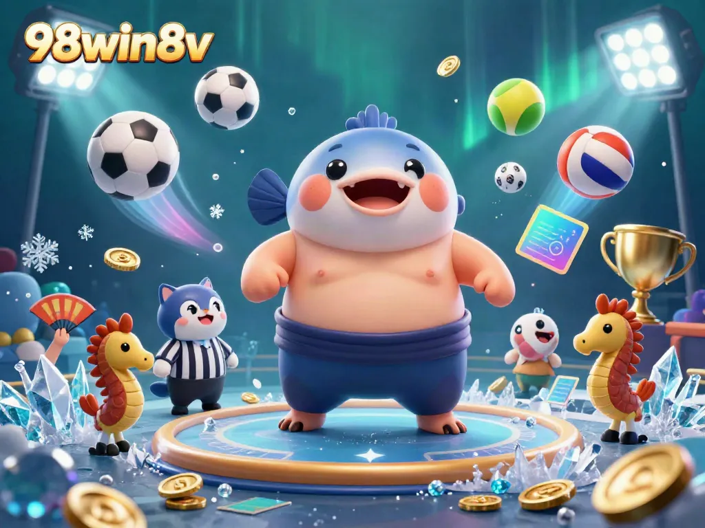 Engage in thrilling gameplay at 98win8v with a vibrant casino underwater scene showcasing an animated fugu referee and festive seahorse fans.