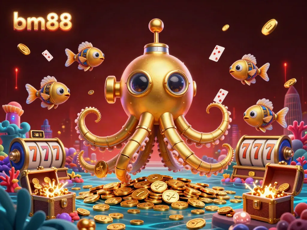 Experience the excitement of bm88 with vibrant slots and a whimsical kraken submarine in a treasure-filled ocean.