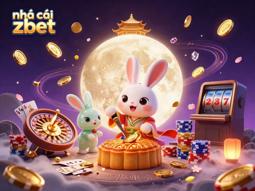 Experience the vibrant casino atmosphere with nhà cái zbet's enchanting moon-themed illustration featuring playful characters and casino elements.