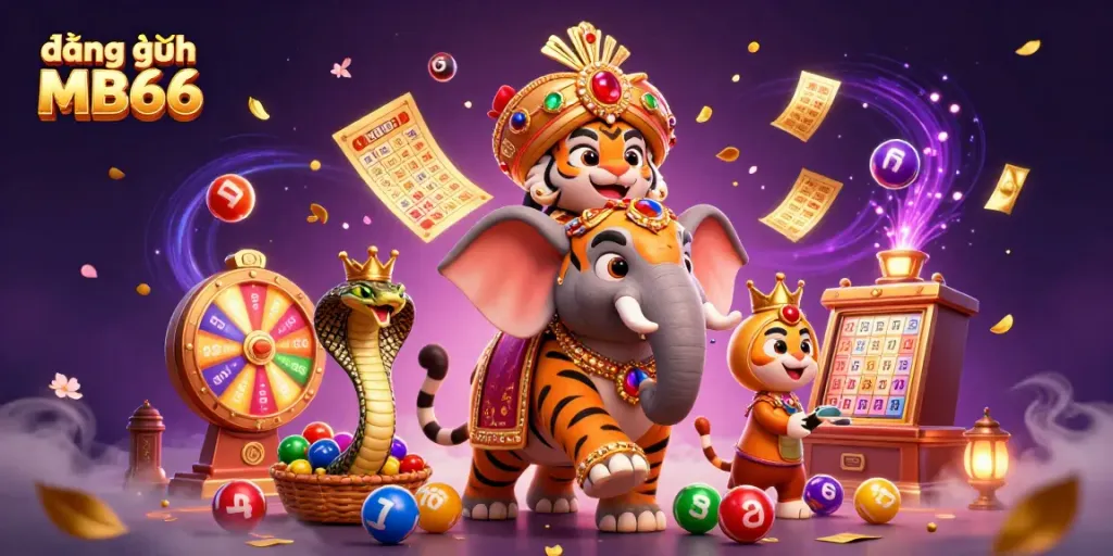 Experience the thrill of đăng nhập MB66 with vibrant 3D casino characters amidst lottery excitement.