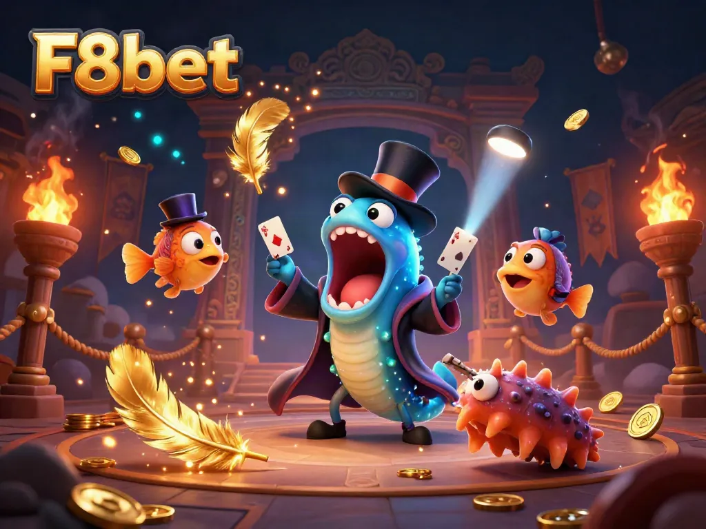 Engaging F8bet casino scene featuring unique characters performing magical acts and dynamic gaming elements.