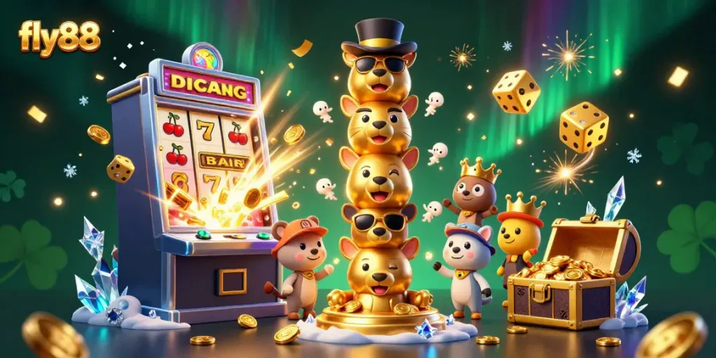 Experience the excitement of fly88 with a dynamic 3D illustration showcasing a colorful golden totem and vibrant casino game elements.