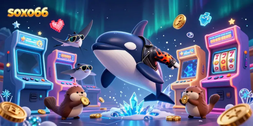 Soxo66-themed 3D cartoon illustration featuring a playful scene with whale, stingray, and otters showcasing excitement in gaming and casino.