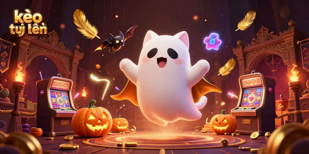 Join the spooky fun with the ghost cat and bat companion in this kèo trực tuyến haunted casino scene.