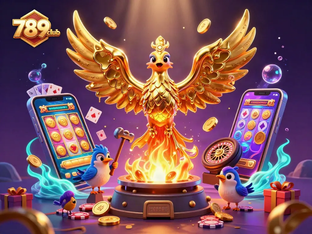 Engage with thrilling gaming at 789club featuring vibrant slot reels, golden phoenix, and casino elements.