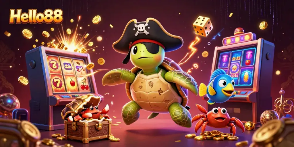 Experience the excitement of Hello88 with a lively casino scene featuring a cartoon pirate turtle and other characters.
