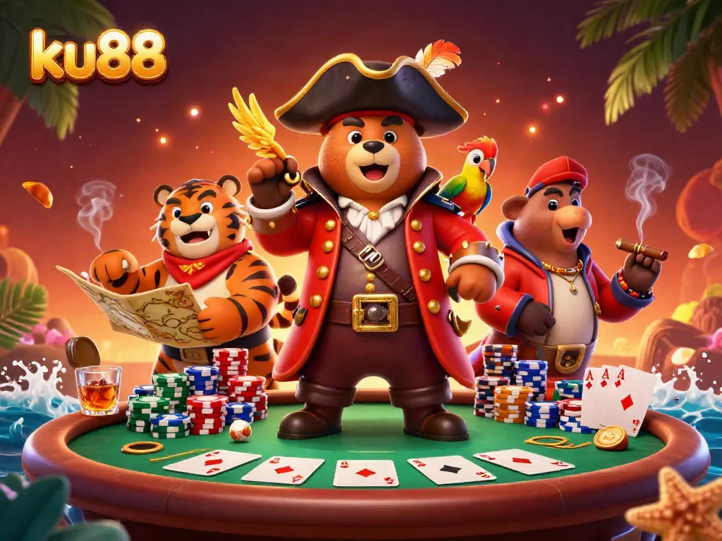 Engage in thrilling poker adventures at ku88 with a pirate captain bear and tiger first mate.