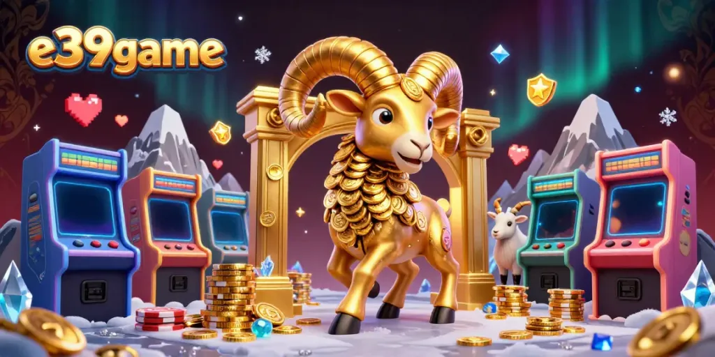 Engage with e39game's vibrant 3D casino scene featuring a golden ram charging through a golden gate amidst colorful game elements.
